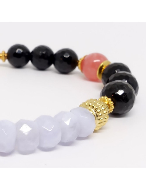 Calcédoine, tourmaline noire et Rodhochrosite, Bracelet