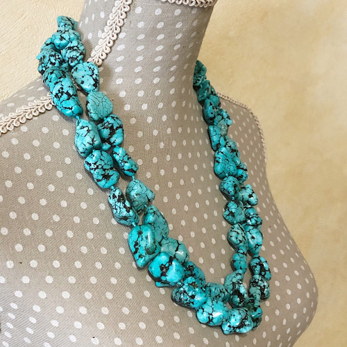 Collier Vintage 4 Rangs De Perles De Turquoise - Longueur ~58 Cm - Bon état