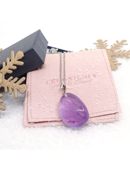 Cadeau pas cher, pendentif en pierre améthyste avec pochette