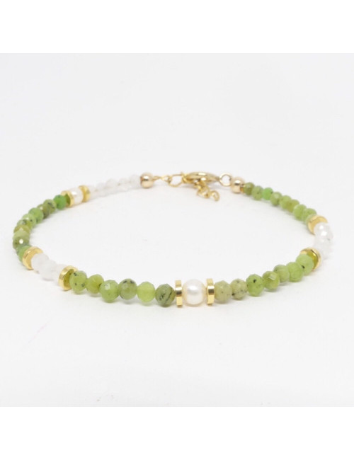 Bracelet fin création en pierre de Jade, pierre de lune et perle d'eau douce biwa