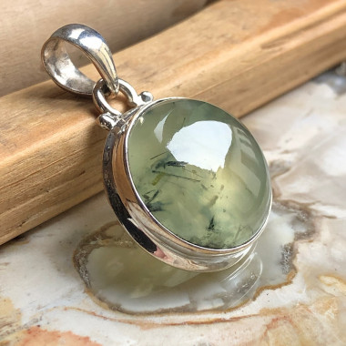 Pendentif Préhnite rond point 22mm - Argent 925