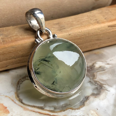 Pendentif Préhnite rond point 22mm - Argent 925