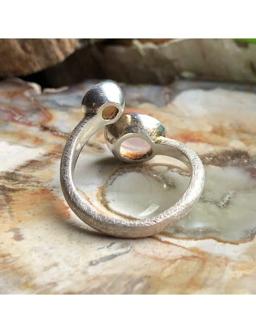 Quartz rose et perle d’eau douce, Bague taille 56 et ajustable argent 925 brossé