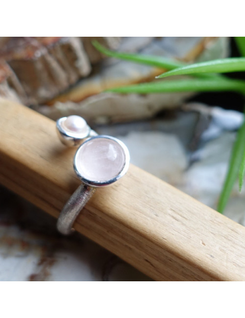 Quartz rose et perle d’eau douce, Bague taille 56 et ajustable argent 925 brossé