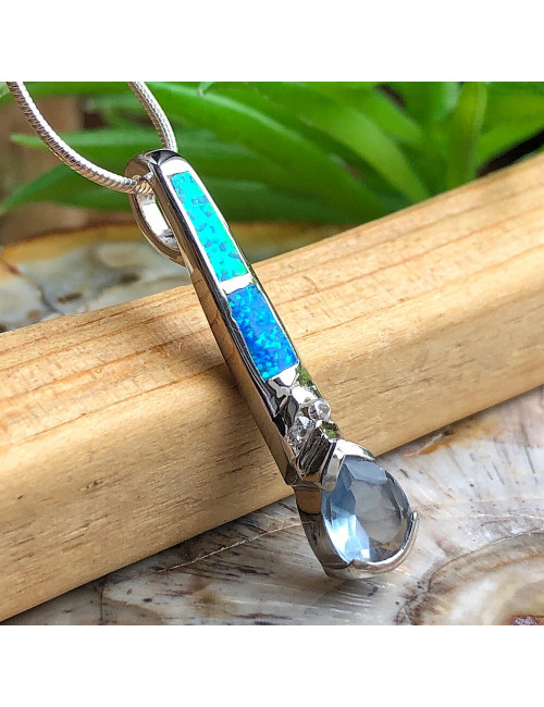 Pendentif argent 925 rhodié et opale reconstituée