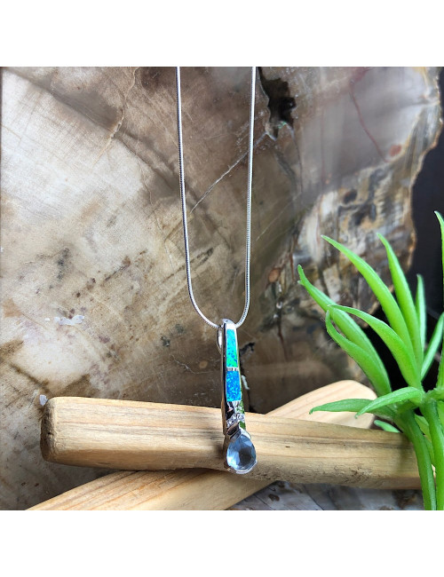 Pendentif argent 925 rhodié et opale reconstituée