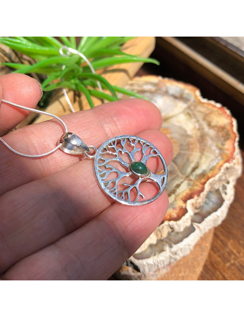 Pendentif arbre de vie argent et emeraude