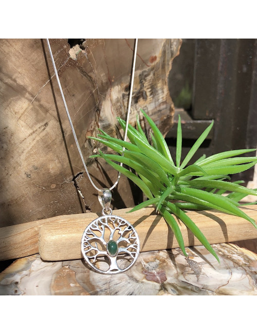 Pendentif arbre de vie argent et emeraude