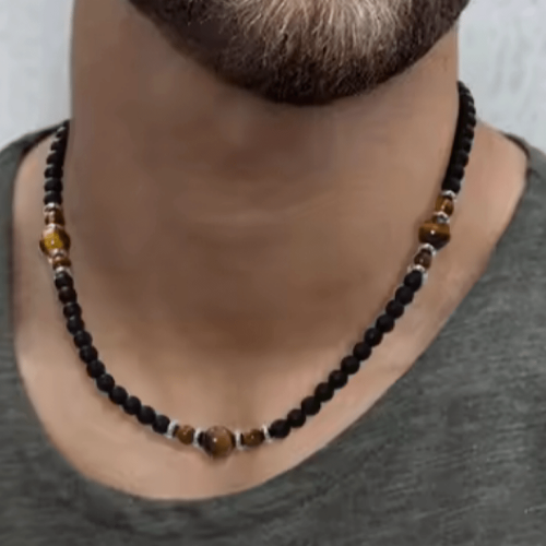 Collier homme en pierre onyx mate et oeil de tigre