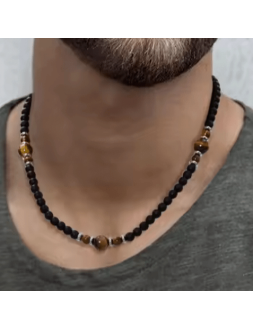 Collier homme en pierre onyx mate et oeil de tigre