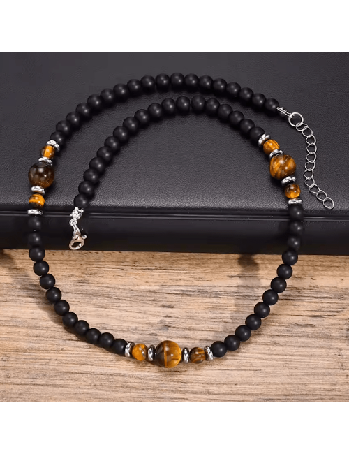 Collier homme en pierre onyx mate et oeil de tigre