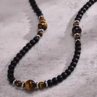 Collier homme en pierre onyx mate et oeil de tigre