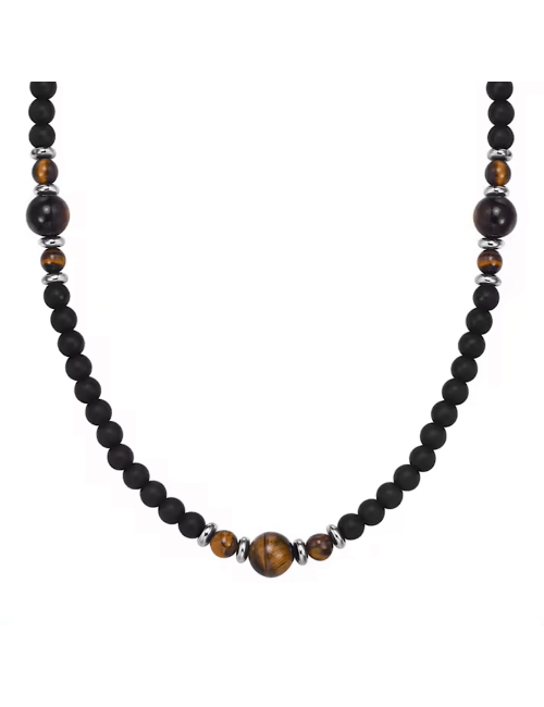 Collier homme en pierre onyx mate et oeil de tigre