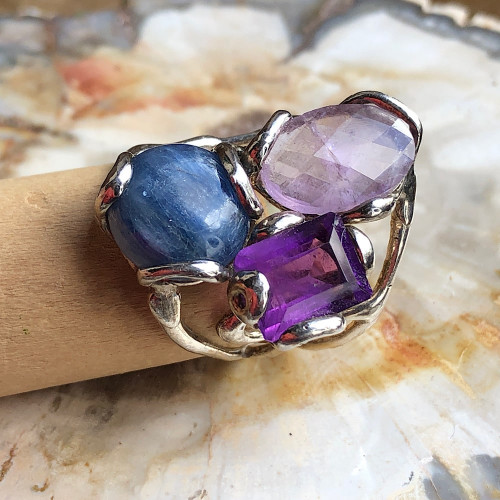 Améthyste et cyanite, Bague argent 925