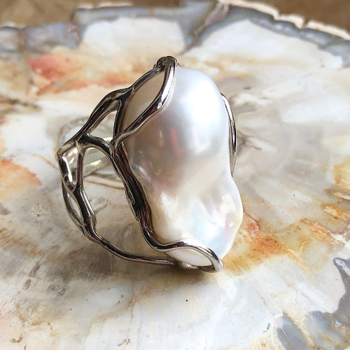 Bague ajustable en argent avec perles d'eau douce "Biwa"