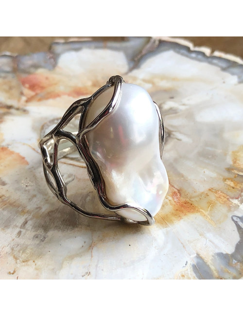 Bague ajustable en argent avec perles d'eau douce "Biwa"