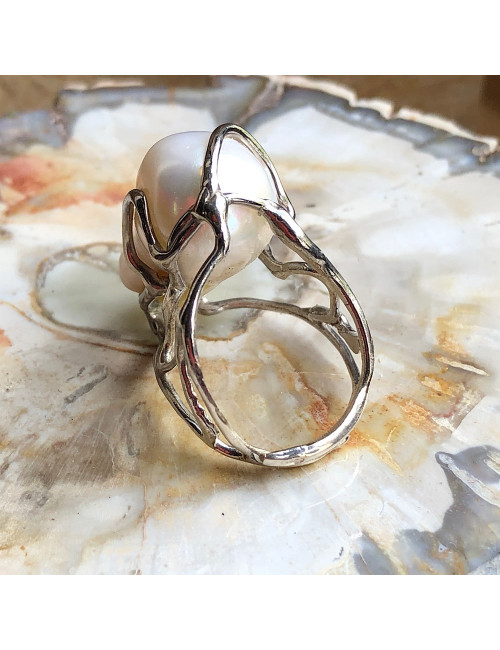 Bague ajustable en argent avec perles d'eau douce "Biwa"