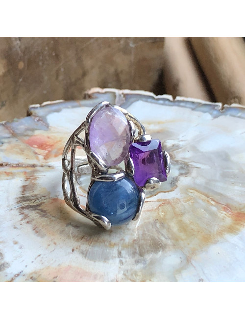 Améthyste et cyanite, Bague argent 925