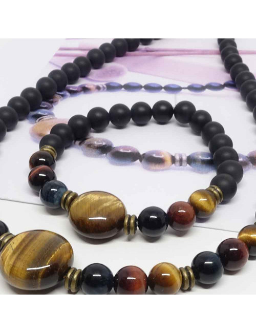 Les 3 oeils (oeil de tigre, oeil de faucon et oeil de taureau) et onyx, Bracelet extensible homme