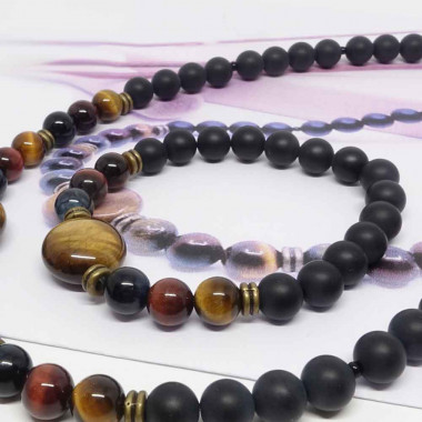 Les 3 oeils (oeil de tigre, oeil de faucon et oeil de taureau) et onyx, Bracelet extensible homme