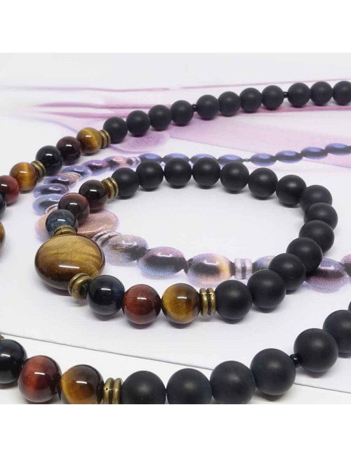 Les 3 oeils (oeil de tigre, oeil de faucon et oeil de taureau) et onyx, Bracelet extensible homme