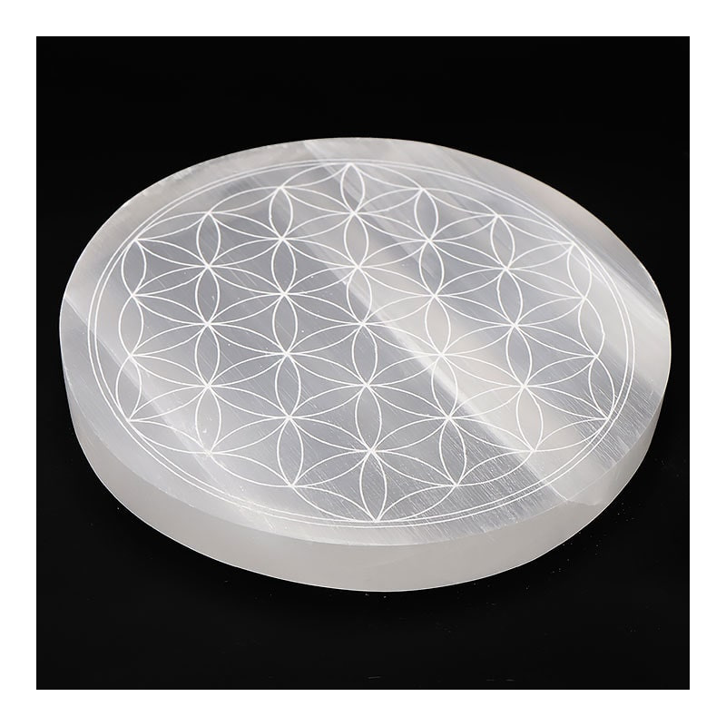 Plaque de sélénite AA fleur de vie, 14 cm