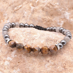 Labradorite, œil de tigre et hématite, Bracelet homme sur cordon