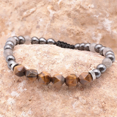 Labradorite, œil de tigre et hématite, Bracelet homme sur cordon