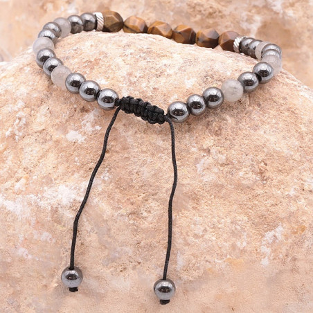 Labradorite, œil de tigre et hématite, Bracelet homme sur cordon