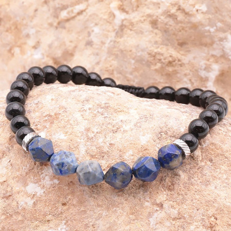 Lapis lazuli et Onyx, Bracelet homme sur cordon