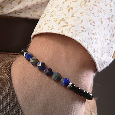 Lapis lazuli et Onyx, Bracelet homme sur cordon
