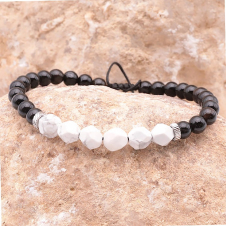 Bracelet homme sur cordon en pierre Howlite et onyx