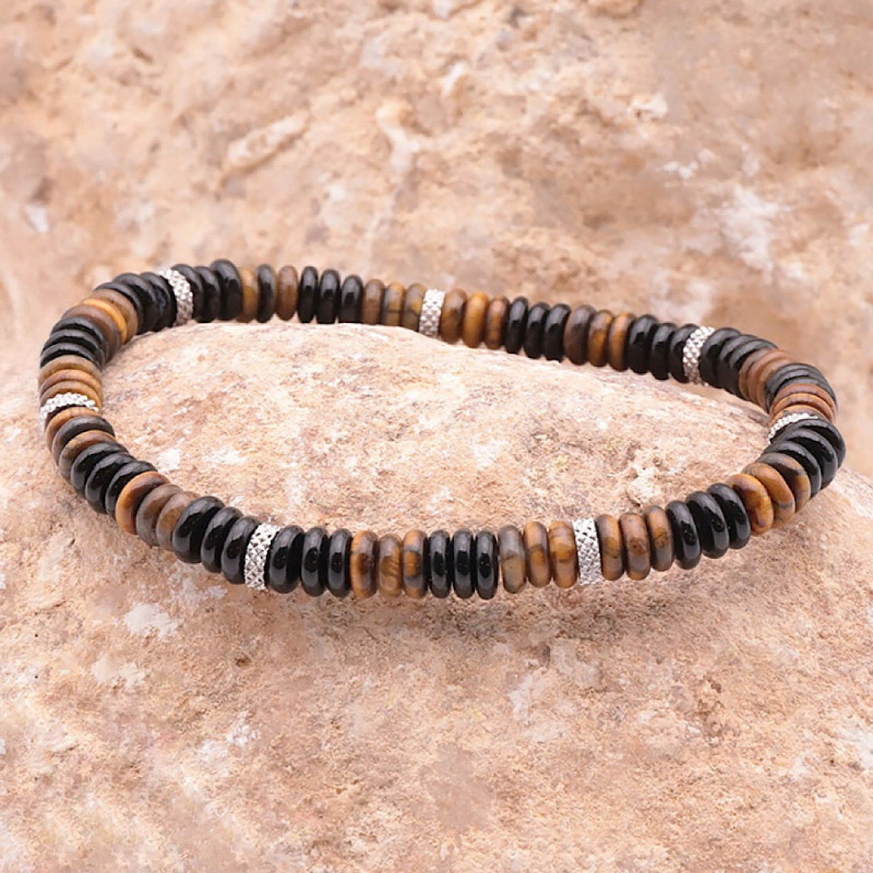 Bracelet Macramé Homme - Double Fil - Pierres Oeil De Tigre Et Onyx - Fermeture Noeud Plat