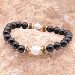 Howlite, onyx et bois, Bracelet homme extensible