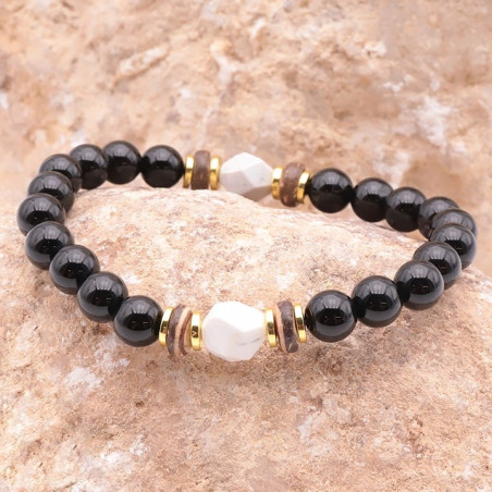 Howlite, onyx et bois, Bracelet homme extensible