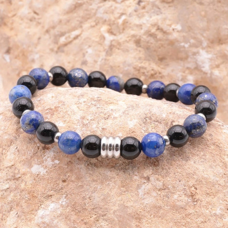 Bracelet homme extensible en pierre Onyx et Lapis lazuli