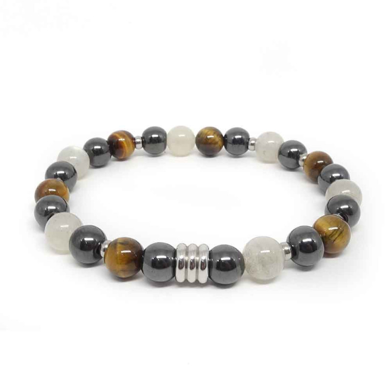 Bracelet homme en pierre semi précieuse Hématite, œil de tigre et Labradorite