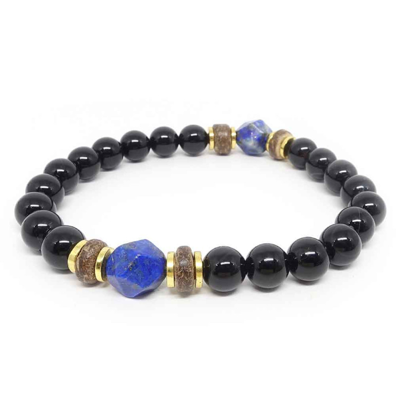 Lapis lazuli, onyx et bois, Bracelet homme extensible