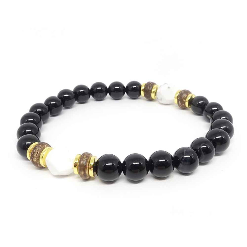 Howlite, onyx et bois, Bracelet homme extensible
