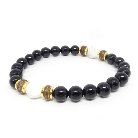 Howlite, onyx et bois, Bracelet homme extensible