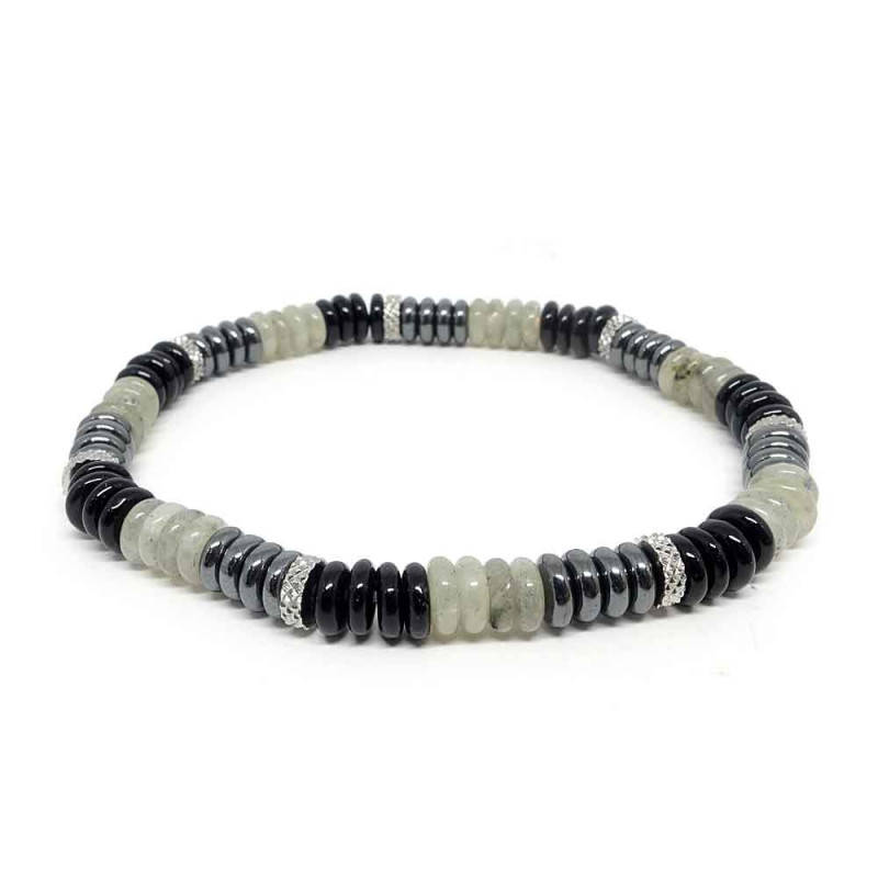 Labradorite, onyx et hématite, Bracelet homme extensible