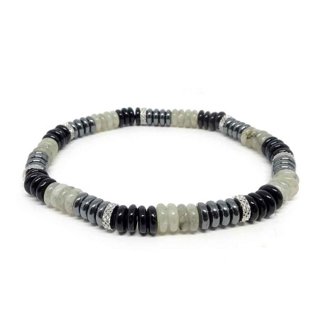 Labradorite, onyx et hématite, Bracelet homme extensible