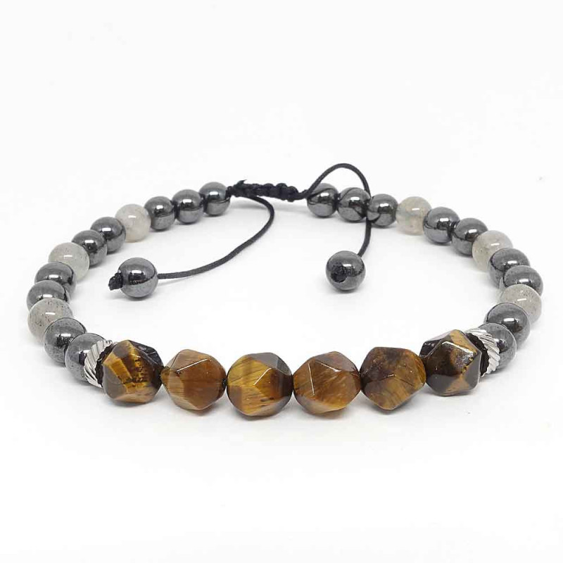 Labradorite, œil de tigre et hématite, Bracelet homme sur cordon