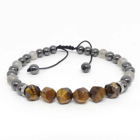 Labradorite, œil de tigre et hématite, Bracelet homme sur cordon