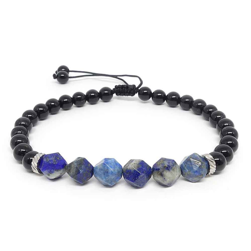 Lapis lazuli et Onyx, Bracelet homme sur cordon
