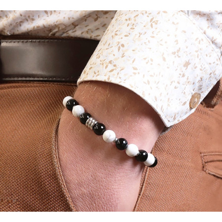 Onyx et Howlite, Bracelet homme acier inoxydable
