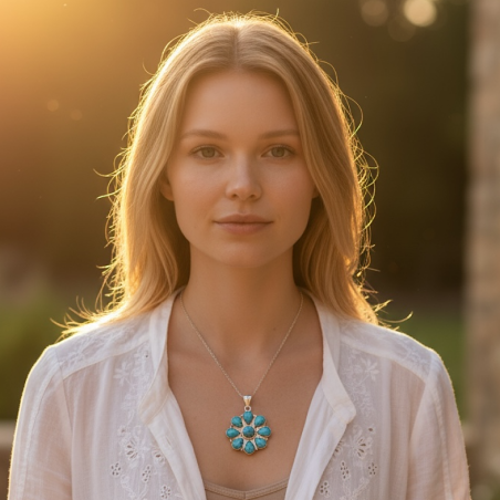 Pendentif en véritable turquoise sur chaîne fine en argent 925