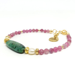 Bracelet fin création en pierres fines Rubellite, biwa et chrysocolle