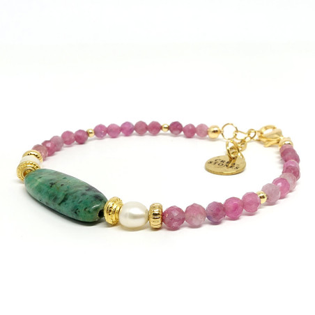 Bracelet fin création en pierres fines Rubellite, biwa et chrysocolle