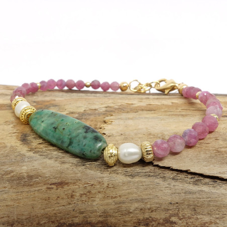 Bracelet fin création en pierres fines Rubellite, biwa et chrysocolle